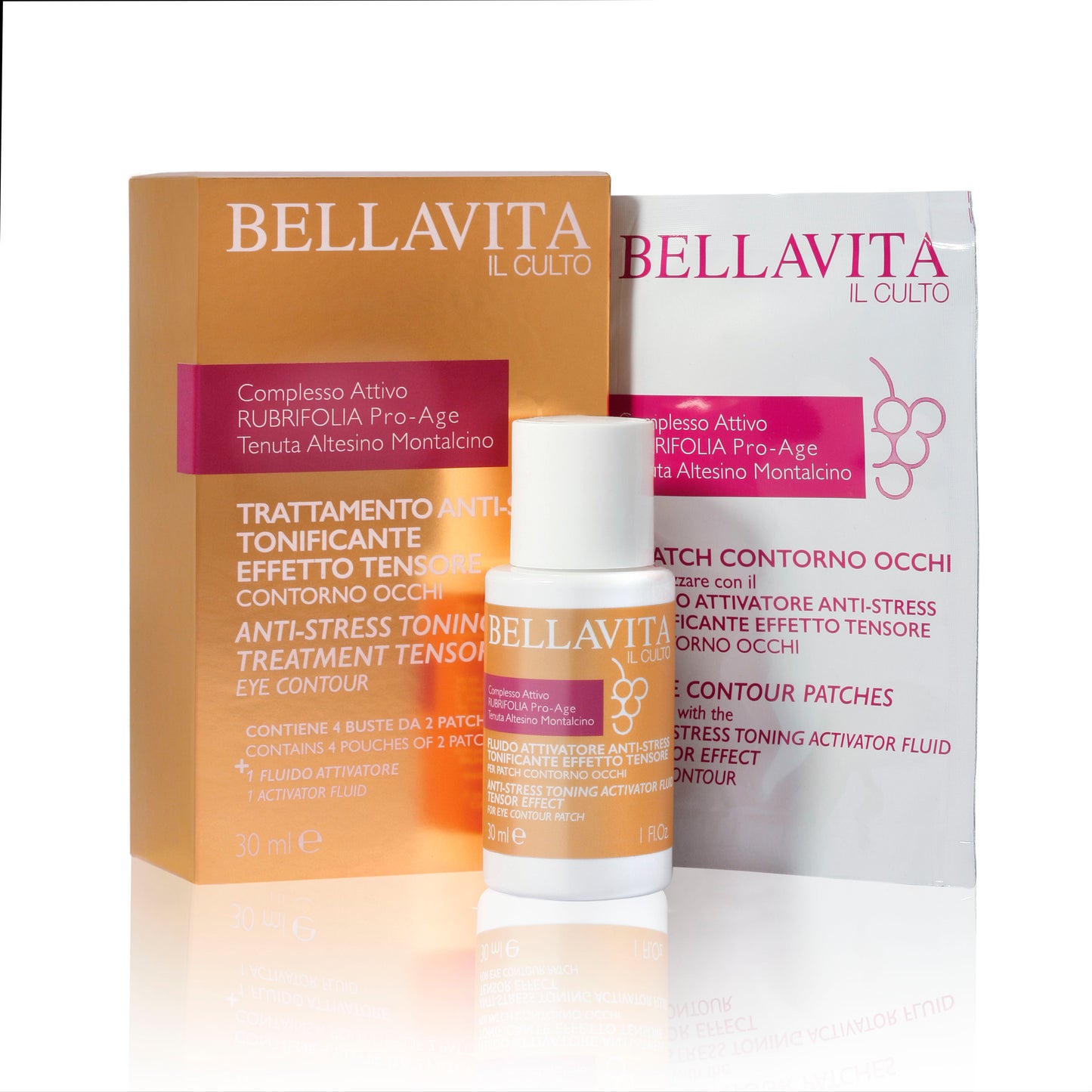 TRATTAMENTO ANTISTRESS TONIFICANTE EFFETTO TENSORE CONTORNO OCCHI PATCH OCCHI + FLUIDO ATTIVATORE